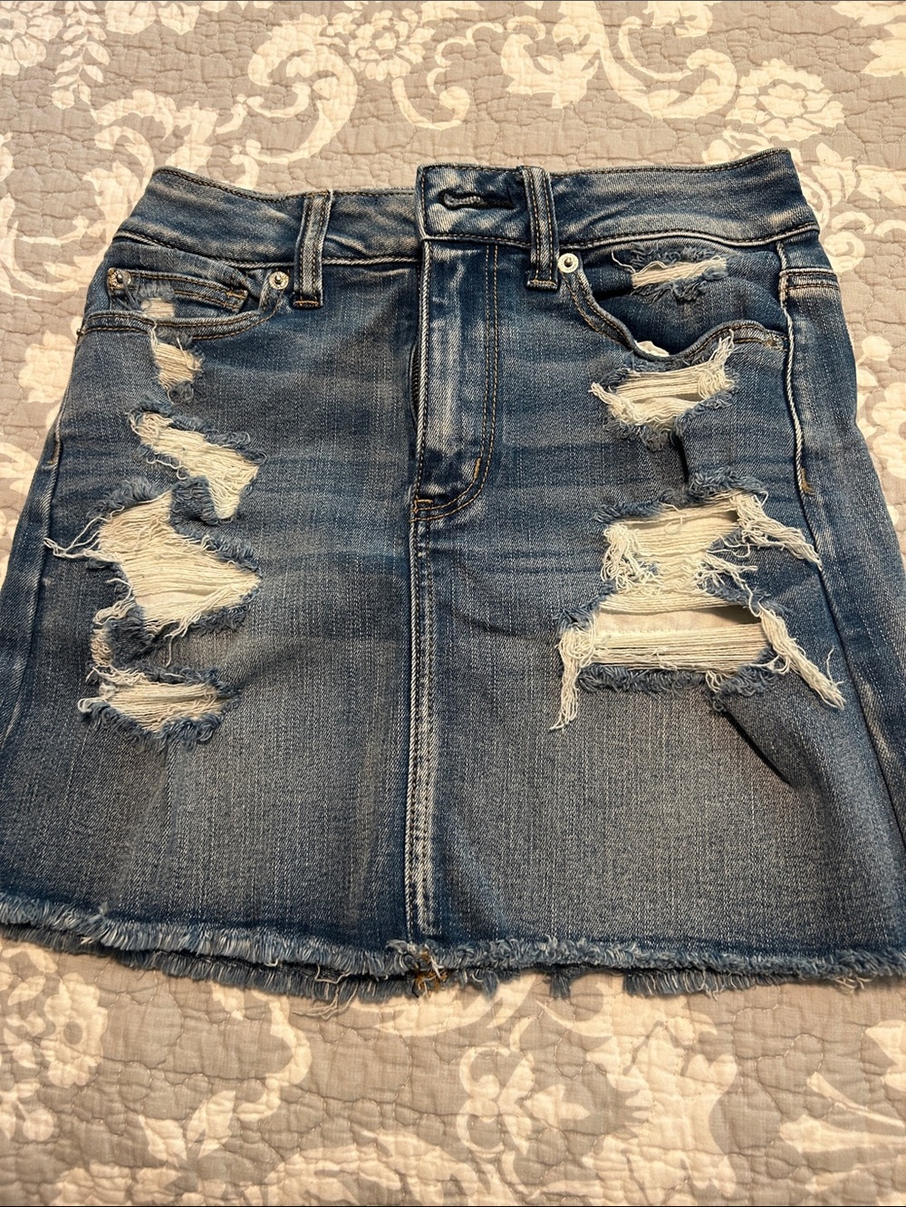 American Eagle Outfitters Distressed Dark Blue Denim Mini Skirt